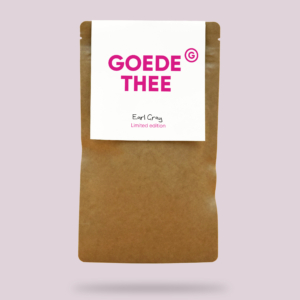 Earl grey zwarte thee van Goede Thee, losse thee in kraft verpakking met wit label