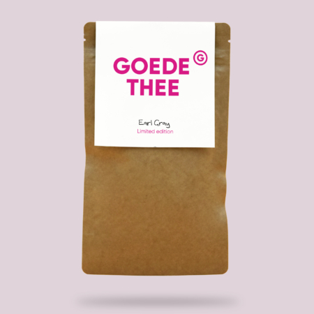 Earl grey zwarte thee van Goede Thee, losse thee in kraft verpakking met wit label